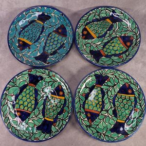 JMB Mexico Talavera Pottery 7.5" Fish Plate Set Of 4 Hand Painted Folk Art